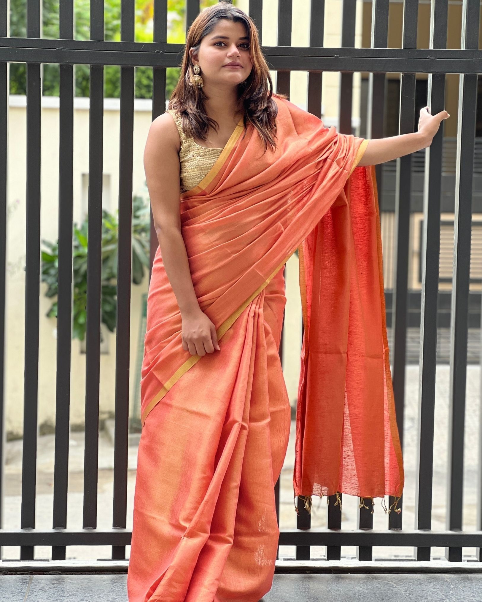 Hand Dyed Pure Tissue Linen Red Saree With Running Blouse Hand Dyed-7075