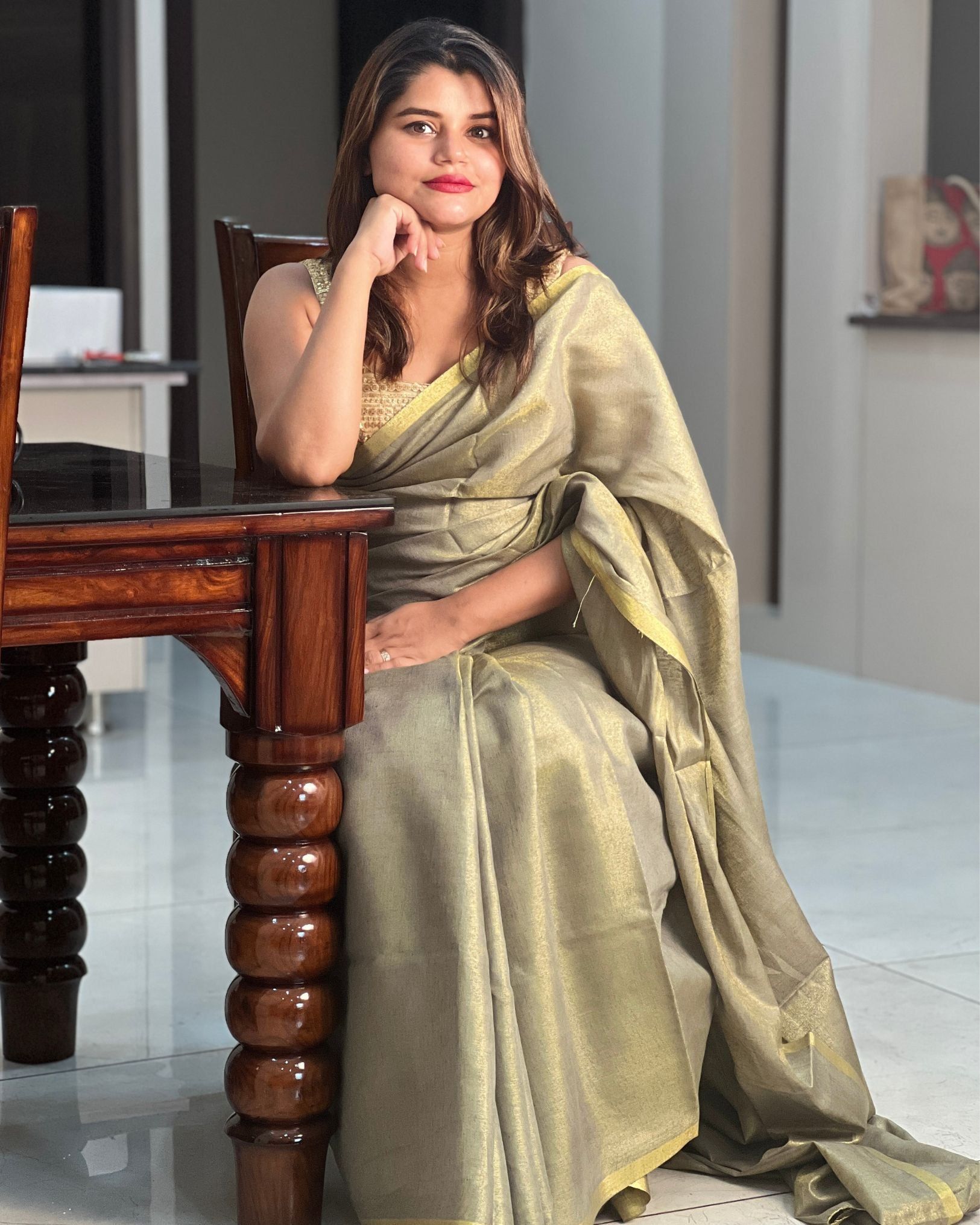 Hand Dyed Pure Tissue Linen Grey Color Saree With Running Blouse Hand Dyed-1577