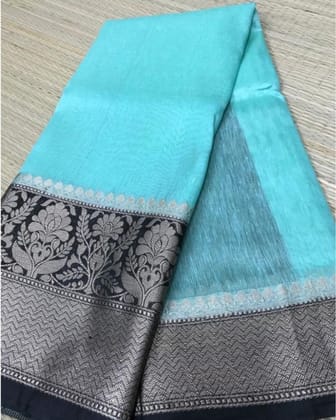 Silk Linen Banrasi Brocade Weaving Handloom Blue Saree with Blouse-5084