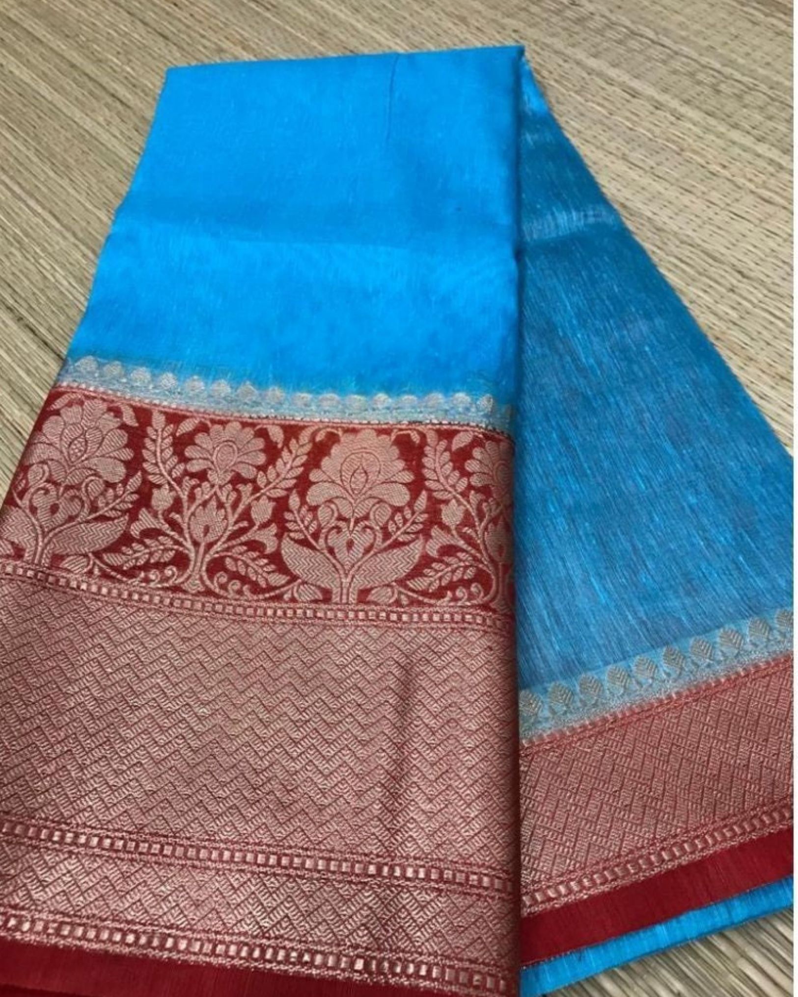 Silk Linen Banrasi Brocade Weaving Handloom Blue Saree with Blouse-3457