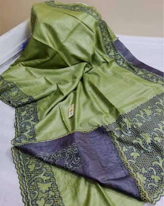 Silkmark Certified Pure Tussar Hand Cutwork Green Saree with Contrast Blouse-9545