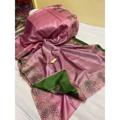 Silkmark Certified Pure Tussar Hand Cutwork Pink Saree with Contrast Blouse-9743