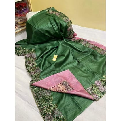 Silkmark Certified Pure Tussar Hand Cutwork Green Saree with Contrast Blouse-9948