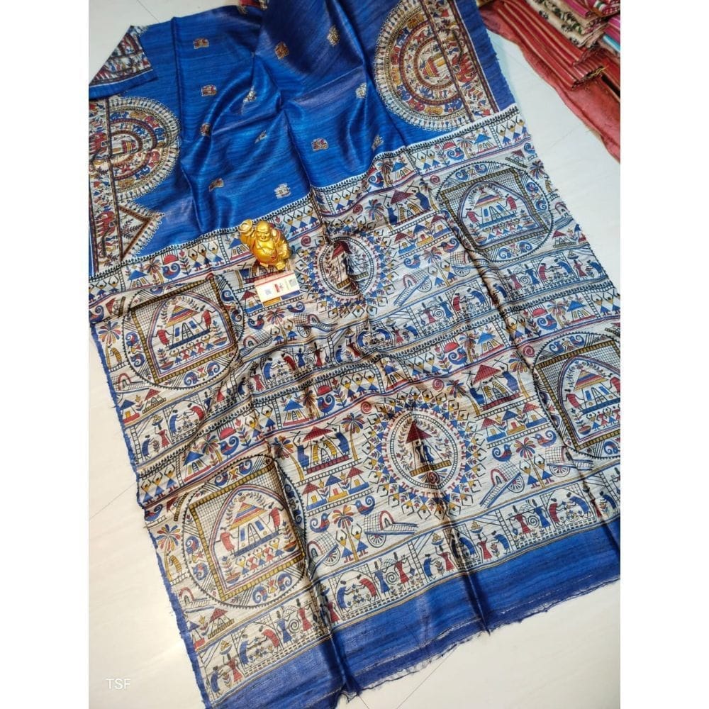 Silkmark Certified Tussar Silk Madhubani Block Print Blue Saree with Blouse-7470