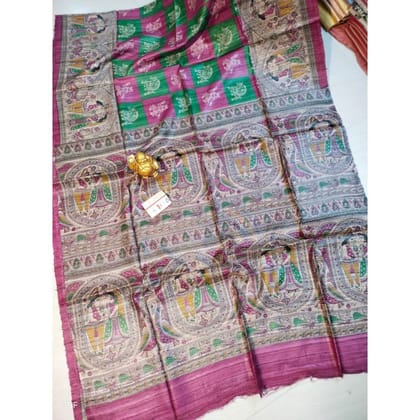 Silkmark Certified Tussar Silk Madhubani Block Print Pink Saree-6816