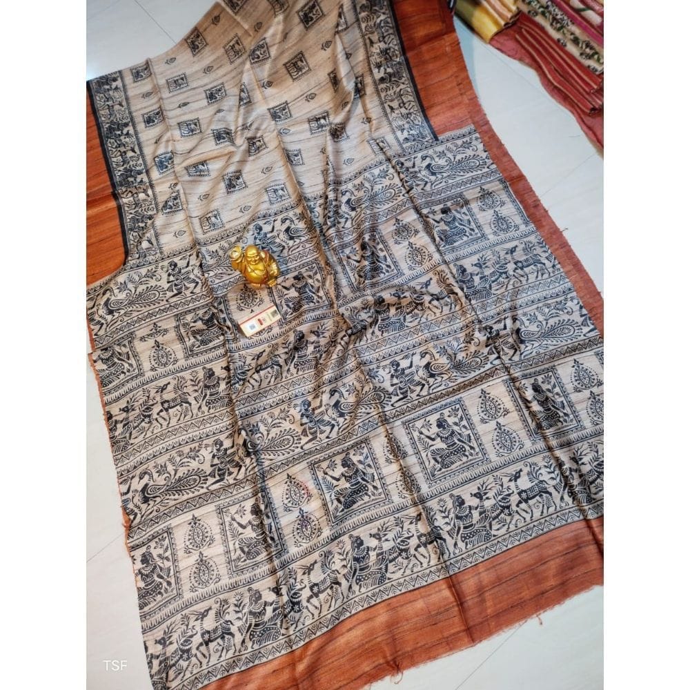 Silkmark Certified Tussar Silk Madhubani Block Print Saree with Blouse-6547