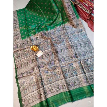 Silkmark Certified Tussar Silk Madhubani Block Print Green Saree with Blouse-6751