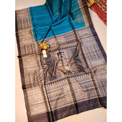 Silkmark Certified Tussar Silk Madhubani Block Print Blue Saree with Blouse-8987