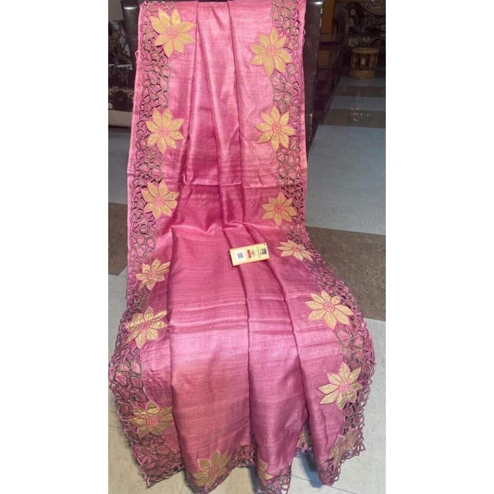 Silkmark Certifiied Pure Tussar Hand Cutwork Saree Cranberry Pink (Tussar by Tussar Fabric)-5613