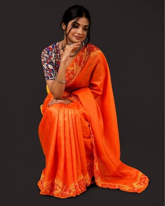 Silkmark Certified Pure Tussar Hand Cutwork Saree Orange Color  (Tussar by Tussar Fabric)-6258