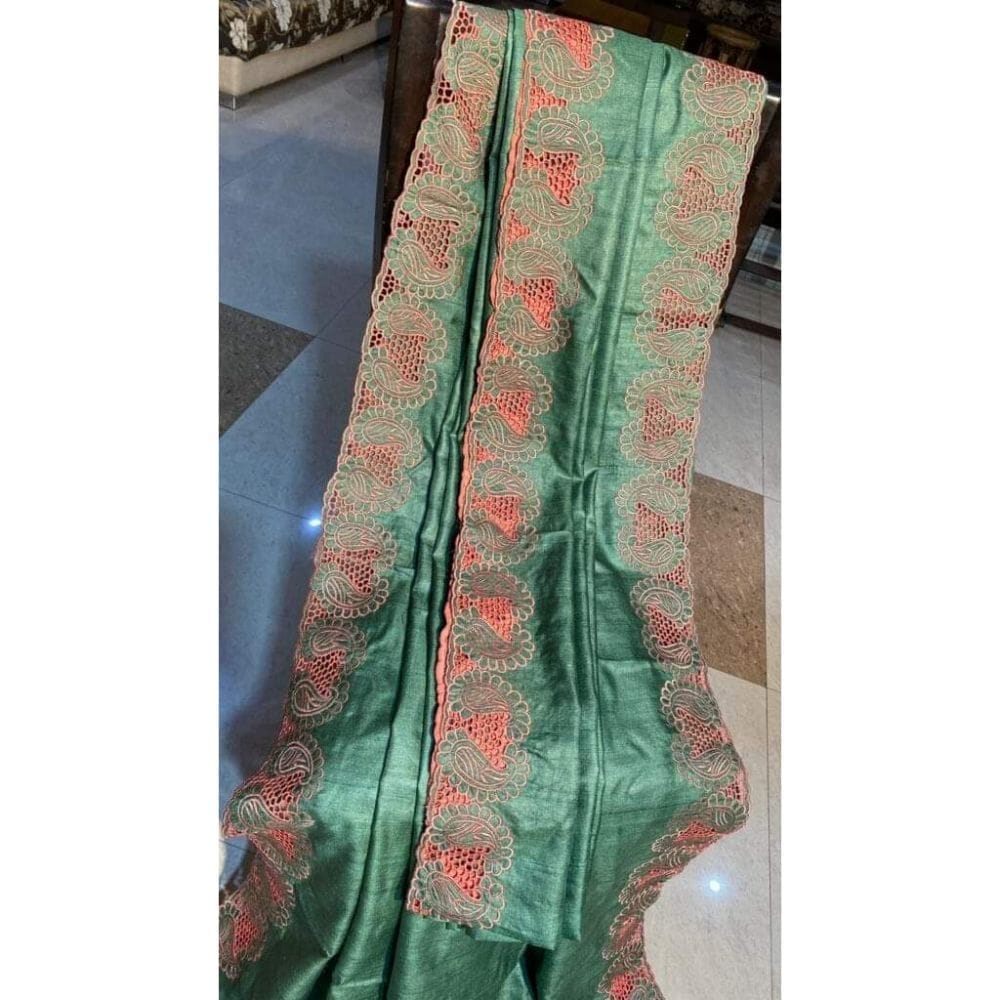 Silkmark Certifiied Pure Tussar Hand Cutwork Saree Bay Leaf Green (Tussar by Tussar Fabric)-3074