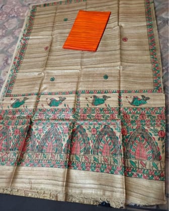 Silkmark Certified Tussar Grullo Brown Silk Madhubani Dupatta and Plain Tussar Silk Top (Tussar by Tussar)-4949