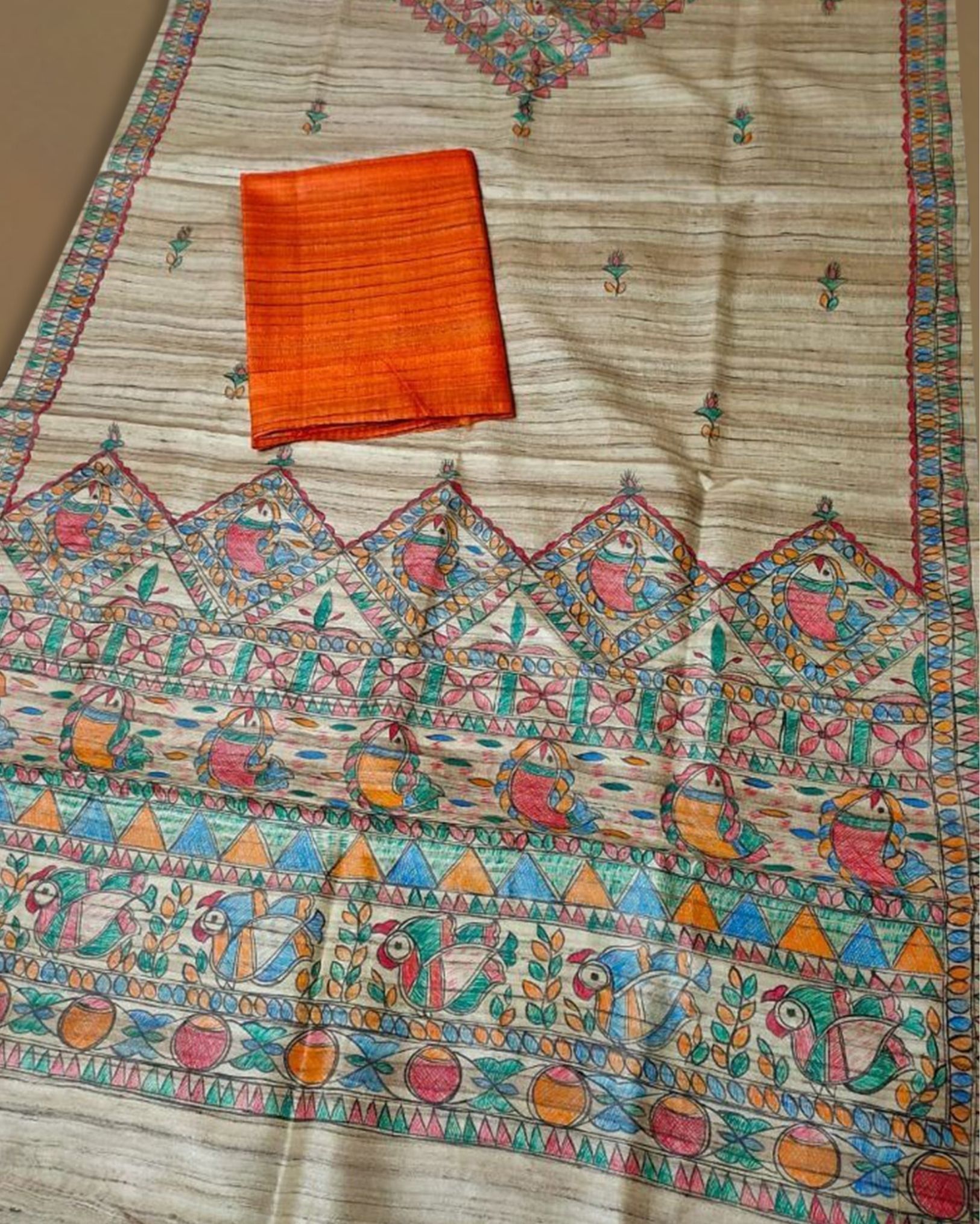 Silkmark Certified Tussar Grullo Brown  Silk Madhubani Dupatta and Plain Tussar Orange  Silk Top (Tussar by Tussar)-6171