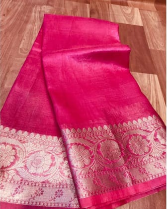 Silk Linen Banarasi Brocade Handloom Rose Pink Saree with Blouse-9224