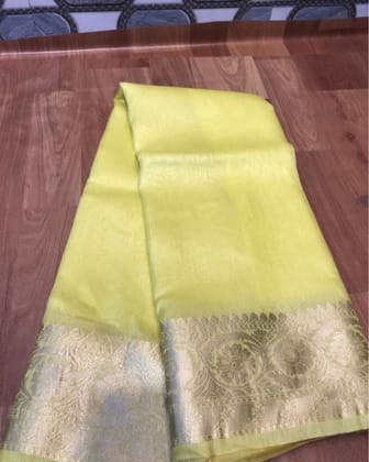 Silk Linen Banarasi Brocade Handloom Yellow Saree with Blouse-5662