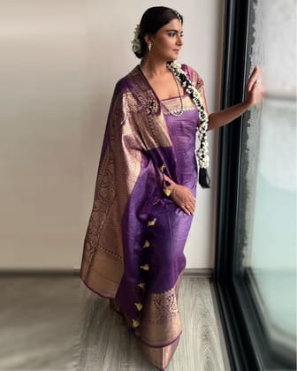 Silk Linen Banarasi Brocade Handloom Purple Saree with Blouse-6639