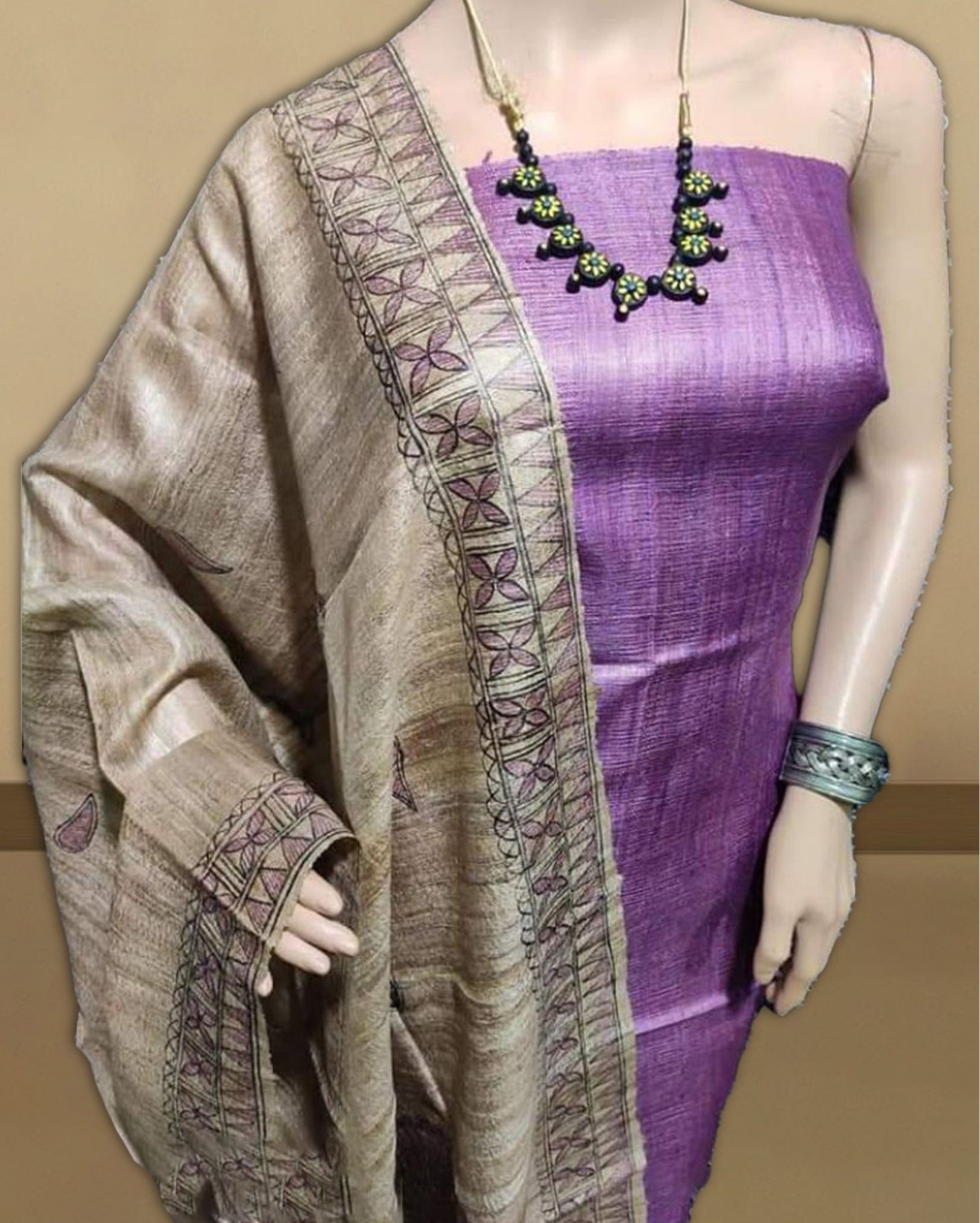 SSilkmark Certified Tussar Pastel Brown Silk Madhubani Dupatta and Plain Tussar Purple Silk Top (Tussar by Tussar)-5111