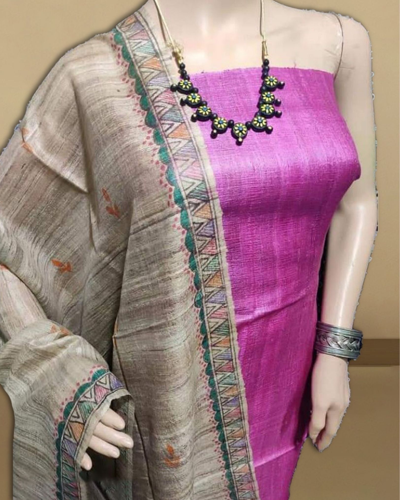 SSilkmark Certified Tussar Pastel Brown Silk Madhubani Dupatta and Plain Tussar Violet Silk Top (Tussar by Tussar)-1371