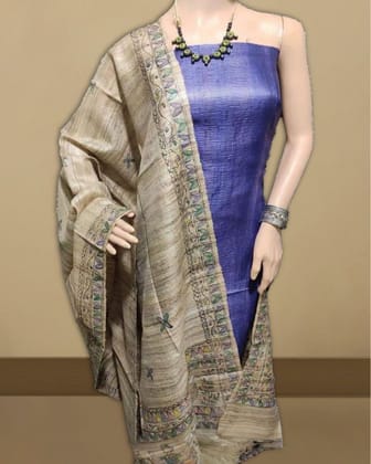 SSilkmark Certified Tussar Pastel Brown Silk Madhubani Dupatta and Plain Tussar Dark Blue Silk Top (Tussar by Tussar)-6111