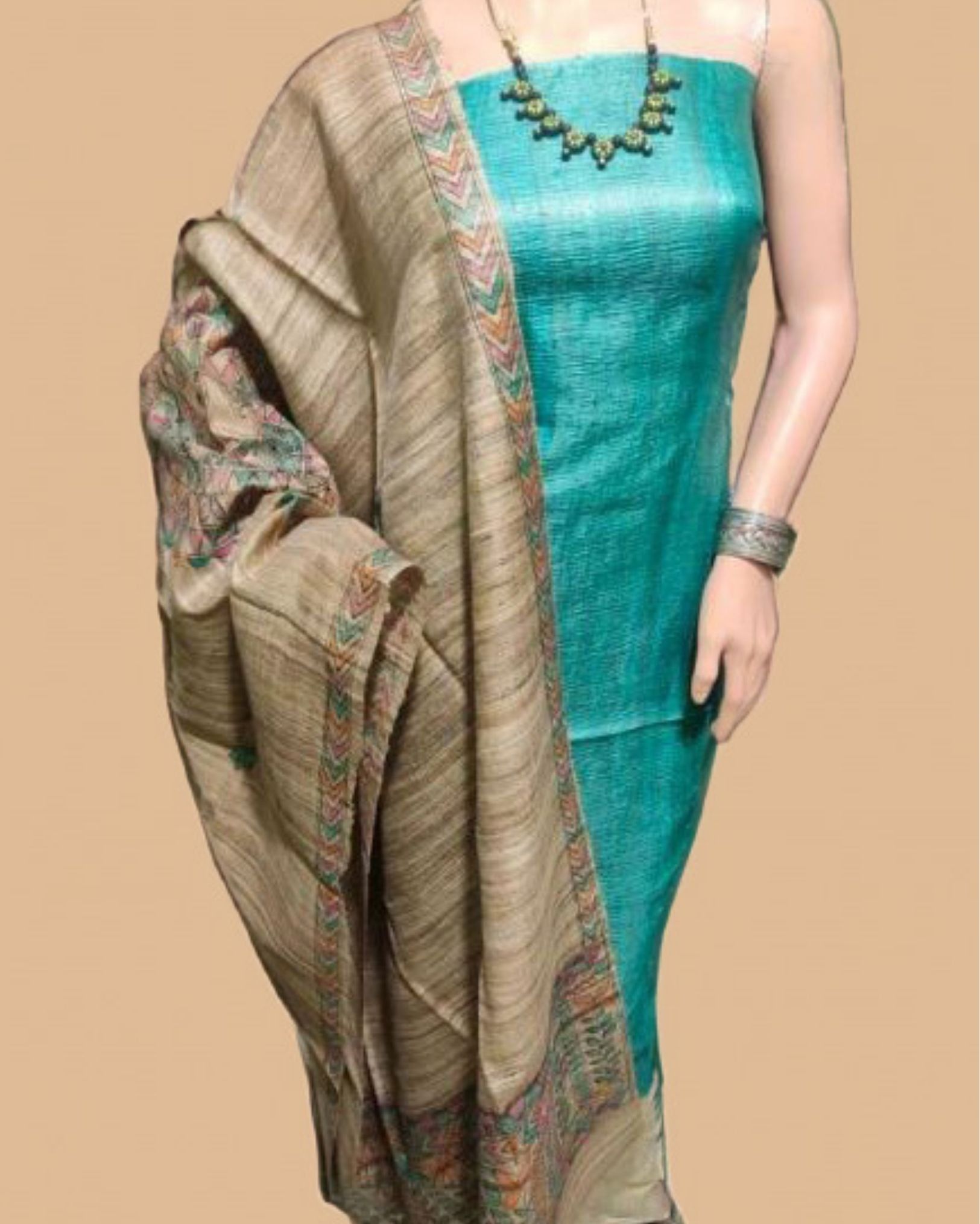 SSilkmark Certified Tussar Pastel Silk Madhubani Dupatta and Plain Tussar Dark Slate Green Silk Top (Tussar by Tussar)-5269