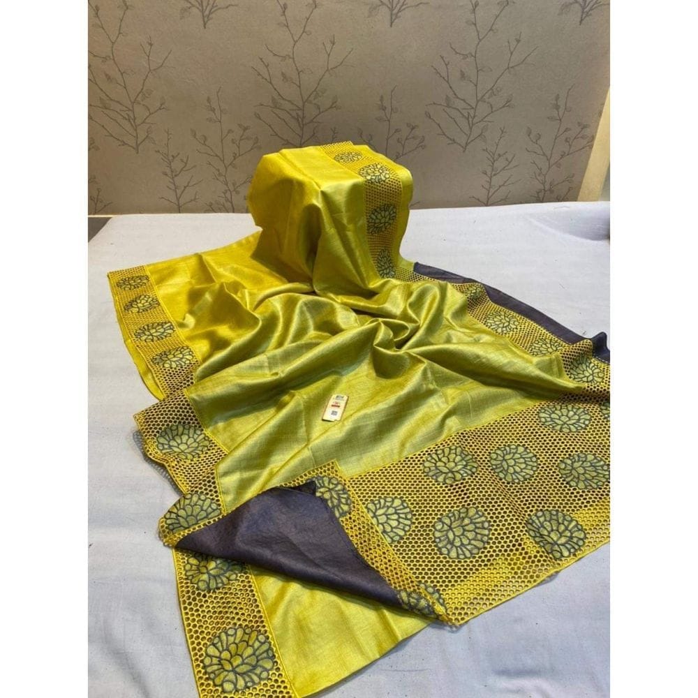 Silkmark Certifiied Pure Tussar Hand Cutwork Golden Fizz Yellow Saree (Tussar by Tussar Fabric)-4845