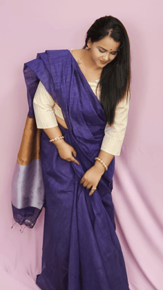 Silk Linen Plain Saree Blue Colour with contrast border and attached Running Blouse Violet Purple colour saree (Any Colour Customizable)-8956