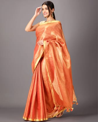 Hand Dyed Pure Tissue Linen Saree Rose Orange Color With Running Blouse-6470