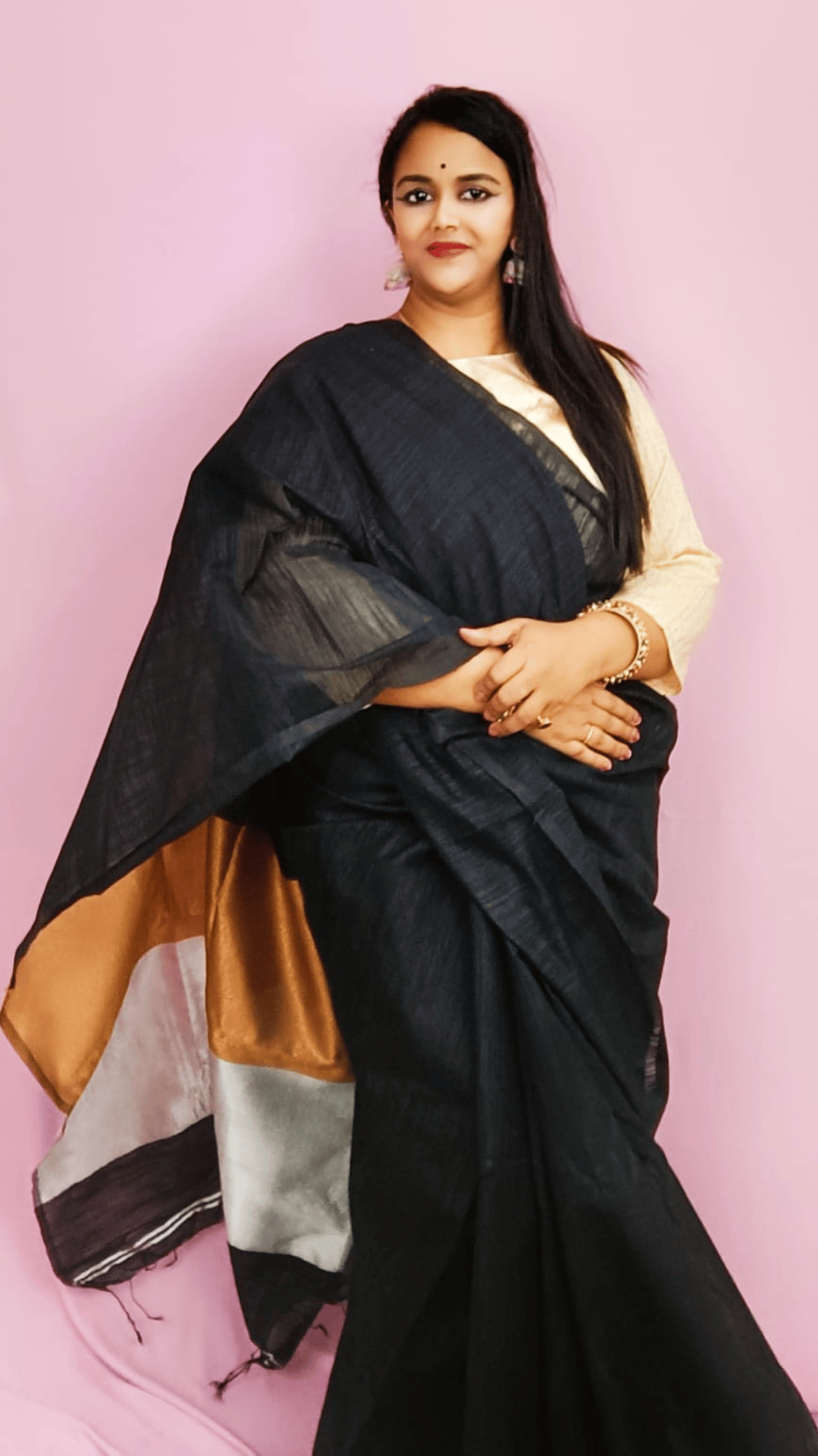 Silk Linen Black colour Plain Saree with contrast border and attached Blouse (Any Colour Customizable)-8680