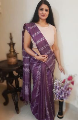 Bansbara Tussar Silk Handloom Saree Lily Purple Color with Running Blouse-3382