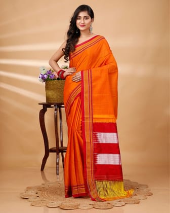 ILKAL Handloom Cotton Silk Saree Bright Orange Color with running blouse-4622