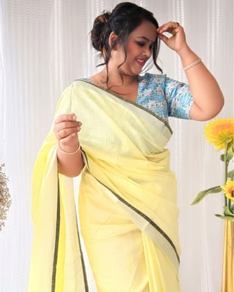 Pure Linen Hand Dyed Yellow Saree with Contrast Blouse-7570