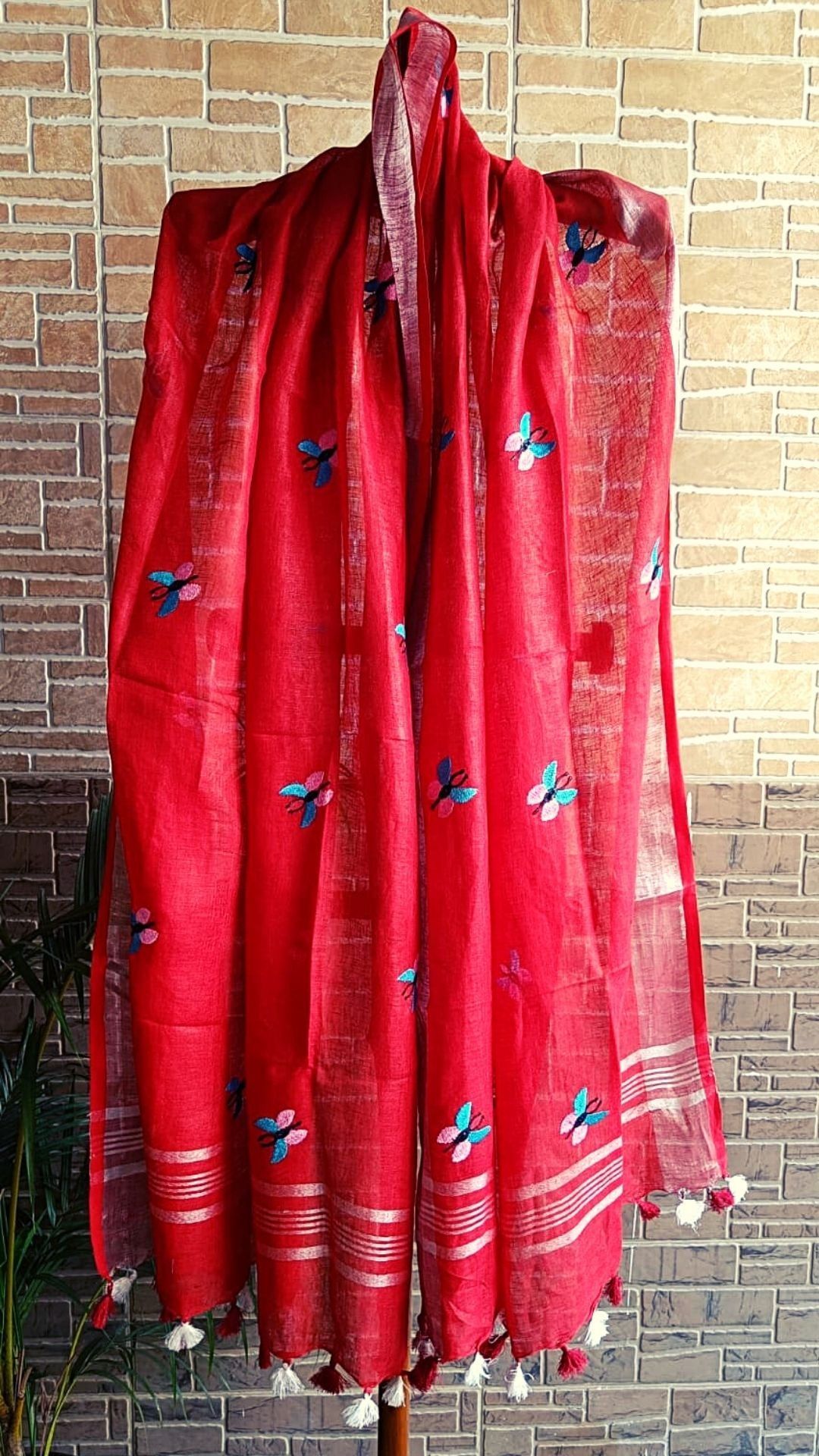 Pure Linen Dupatta Embroidered Fire Engine Red Color with Tassel-4689