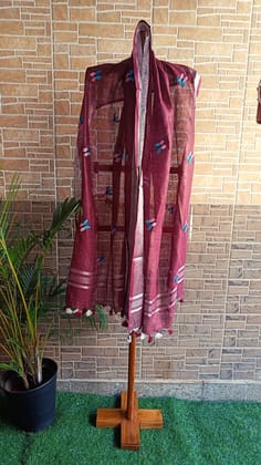 Pure Linen Dupatta Embroidered Wine Red Color with Tassel-5431