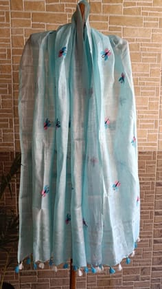 Pure Linen Dupatta Embroidered Pewter Blue Color with Tassel-9236