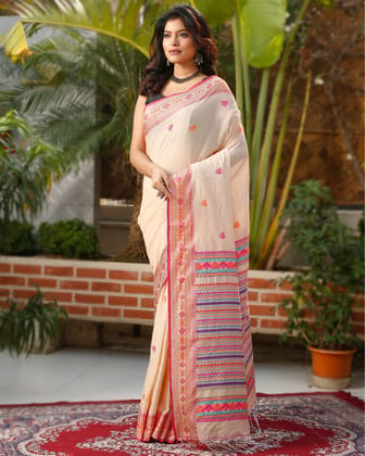 Pure Cotton Handloom Saree Striped Design Pallu Peach Color with running blouse-7736