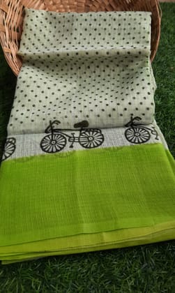 Kota Doria Cotton Saree Laurel Green Color Printed with running blouse-6968