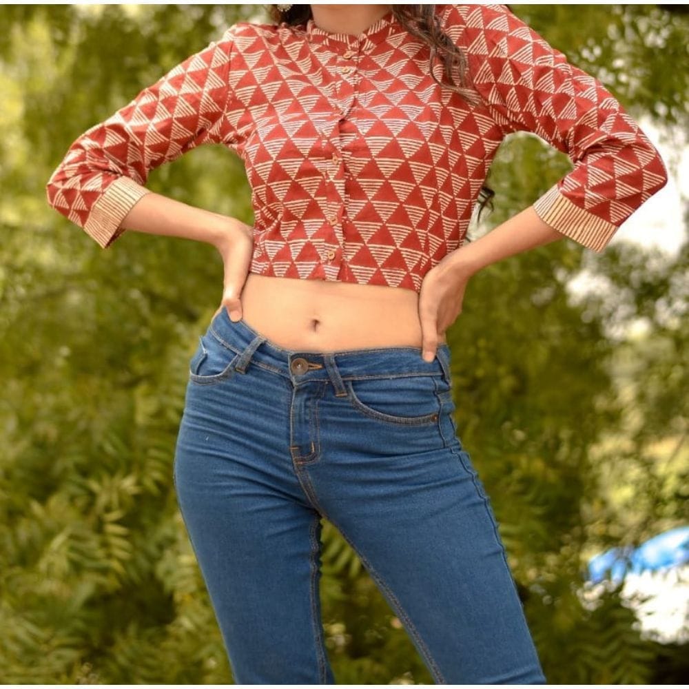 Pure Cotton Crop Top Bagru Handblock Printed Pre-stitched Blouse Length 16 Inch (Length And Sleeve Customizable)-3065