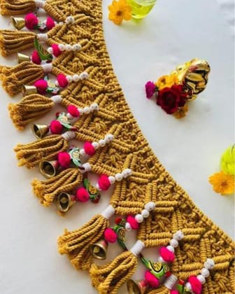 Macrame Handmade Toran with Parrot/Bell Decoration Mustard Yellow Color (Color can be customized)-7934