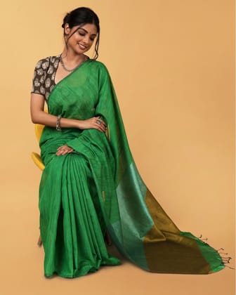 Silk Linen Plain Saree Green Color with contrast border and attached Running Blouse (Any Colour Customizable)-4648