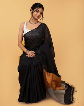 Silk Linen Plain Saree Black Color with contrast border and attached Running Blouse (Any Colour Customizable)-5522