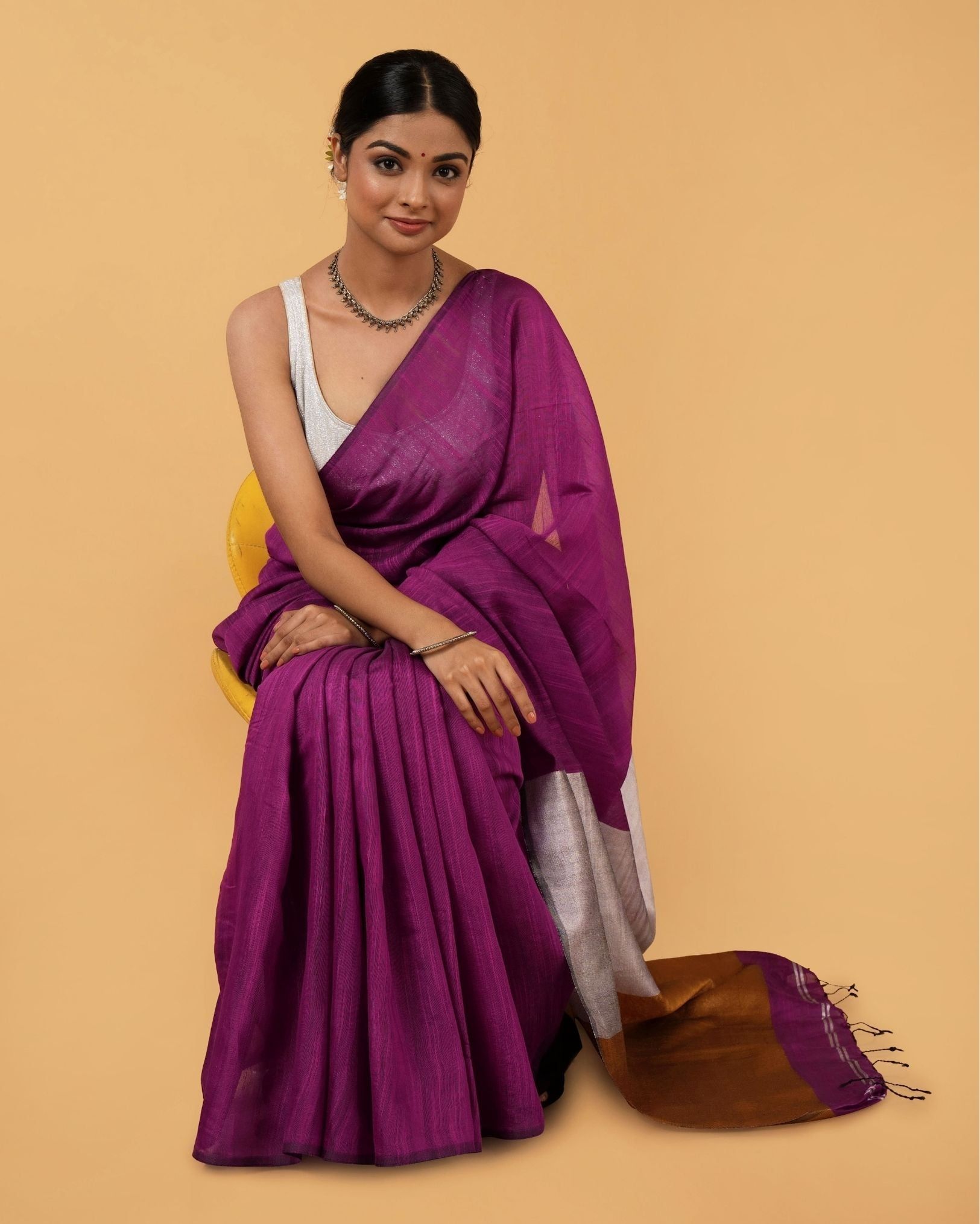 Silk Linen Plain Saree Deep Purple Color with contrast border and attached Running Blouse (Any Color Customizable)-7860