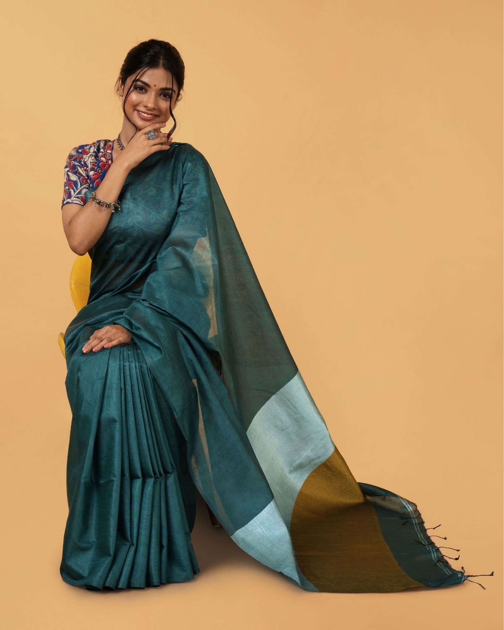 Silk Linen Plain Saree Green Color with contrast border and attached Running Blouse (Any Colour Customizable)-6493