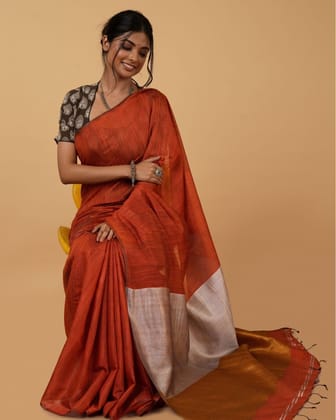 Silk Linen Plain Saree Brown Color with contrast border and attached Running Blouse (Any Colour Customizable)-4068