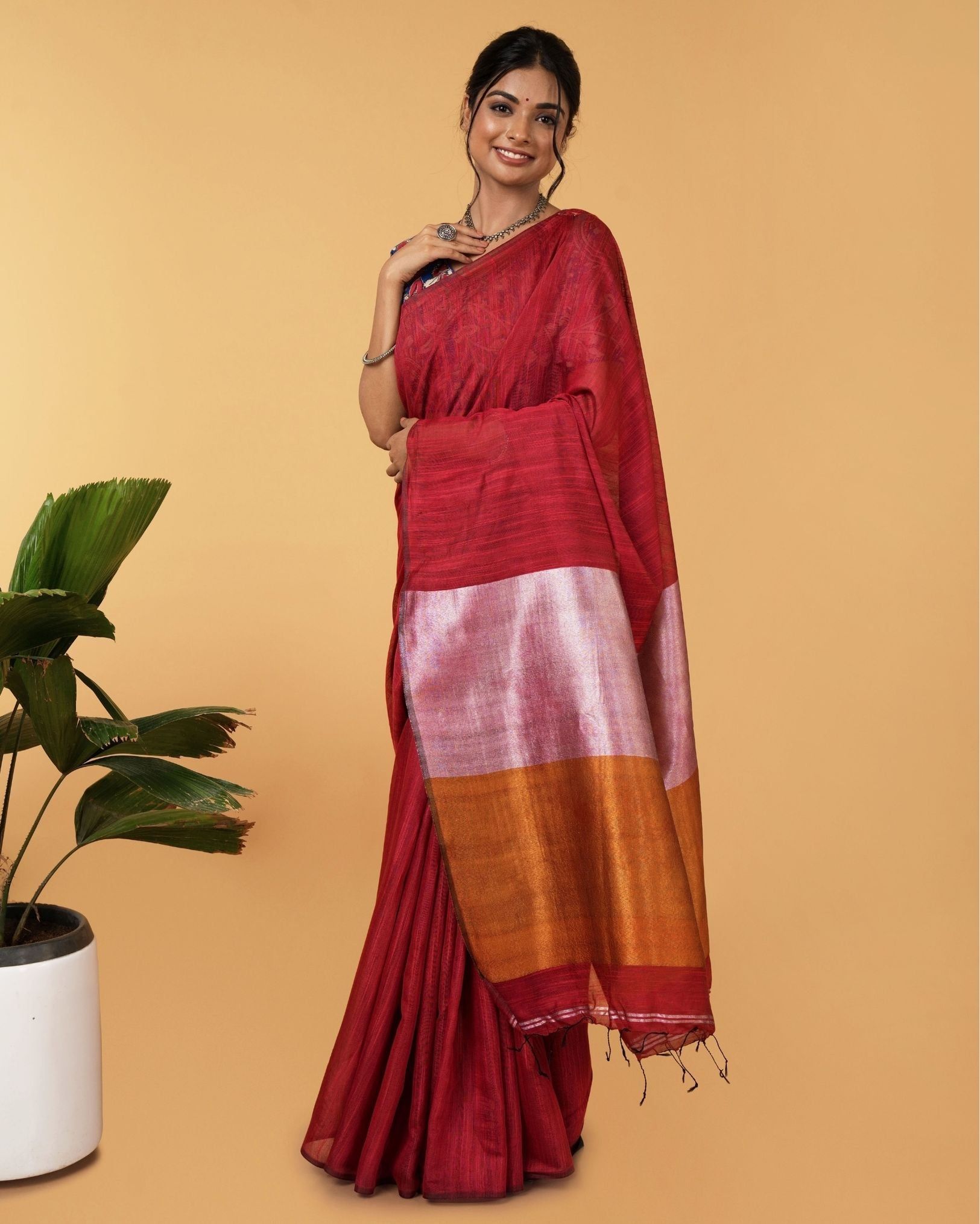 Silk Linen Plain Saree Red Color with contrast border and attached Running Blouse (Any Colour Customizable)-9396