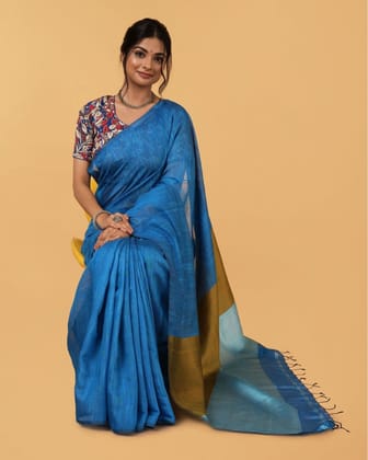 Silk Linen Plain Saree Sky Blue Color with contrast border and attached Running Blouse (Any Colour Customizable)-3365