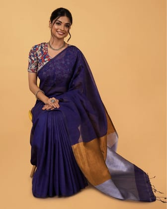 Silk Linen Plain Saree Dark Blue Color with contrast border and attached Running Blouse (Any Colour Customizable)-1282