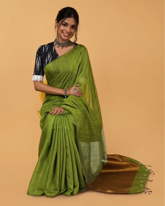 Silk Linen Plain Saree Green Color with contrast border and attached Running Blouse (Any Colour Customizable)-9861