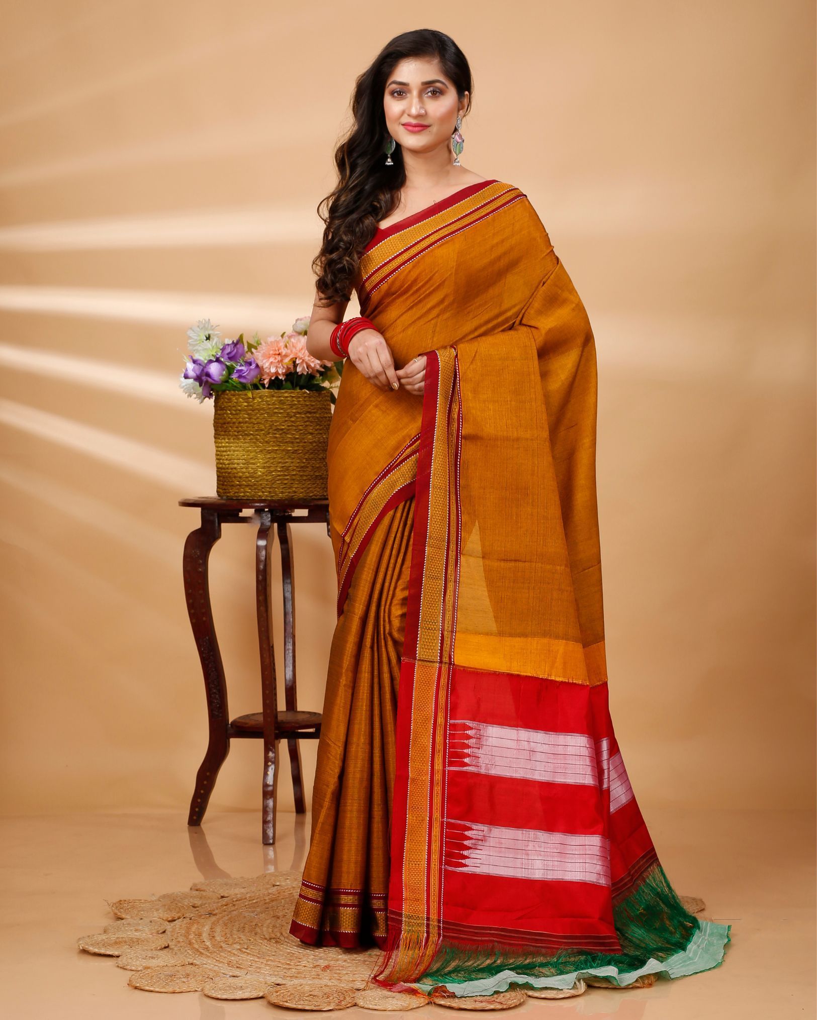 ILKAL Handloom Cotton Silk Saree Mustard Orange Color with running blouse-7309