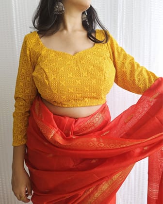 Chiffon Stitched Blouse Yellow Color with Heavy Chikenkari Embroidery-3991