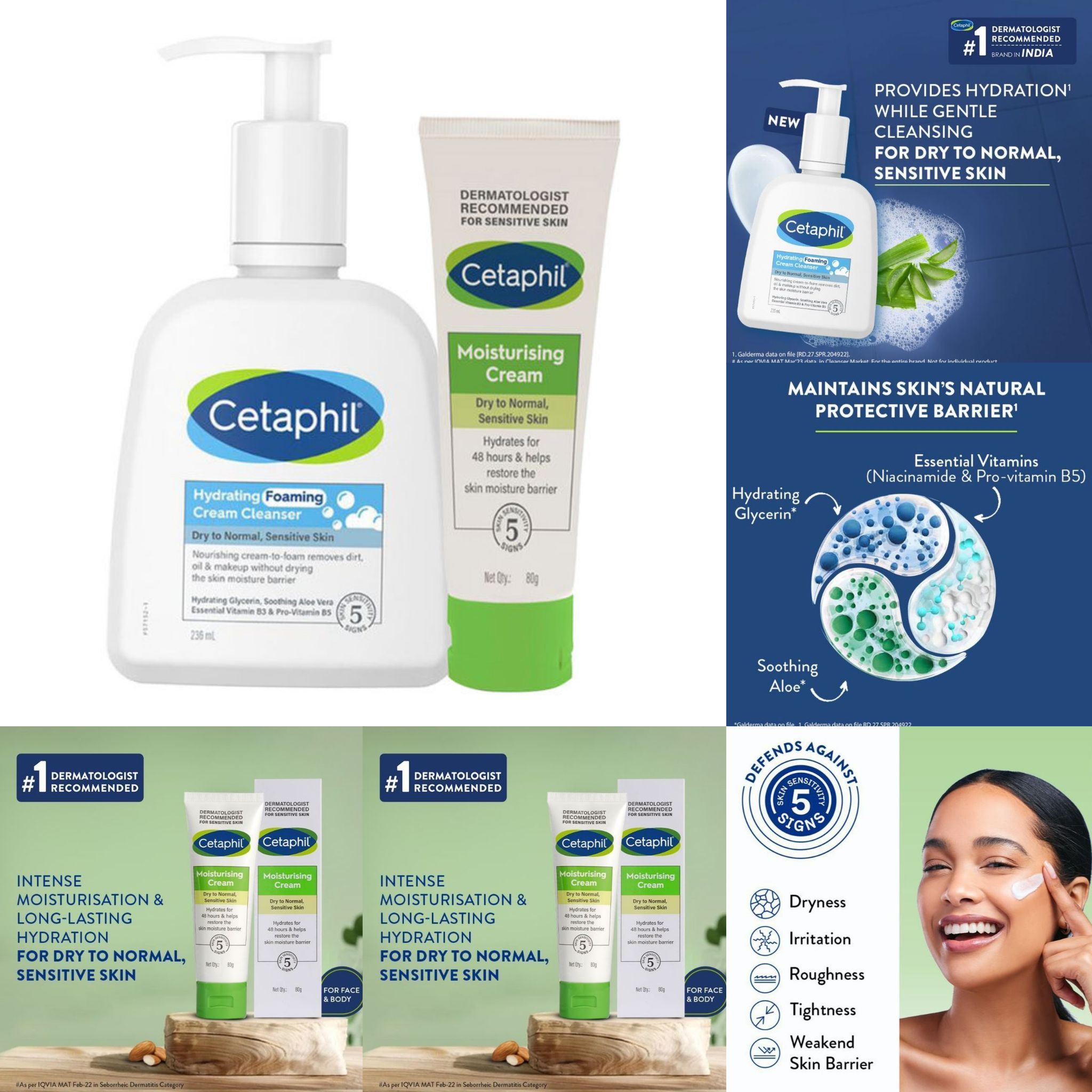 Cetaphil Moisturising Cream + Hydrating Foaming Cream Cleanser Combo (236 ml + 80 gm) Pack of 2